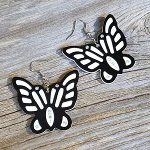 Vintage Y2K White Black Lucite Austrian Crystal Butterfly Earrings